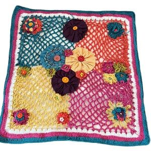 Crochet Boho cushion cover Gorgeous! Colorful with buttons beads fabric flowers